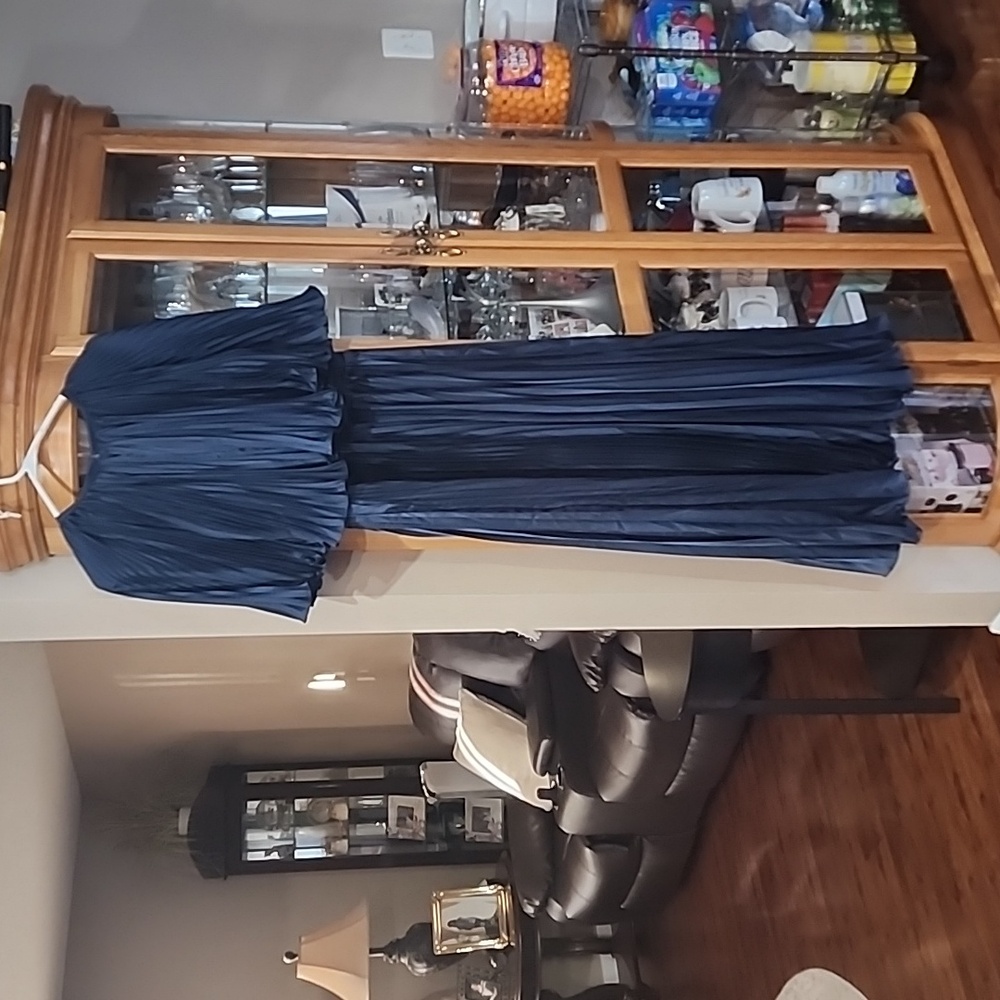 Mac Duggal Navy Blue Pleated Maxi Dress